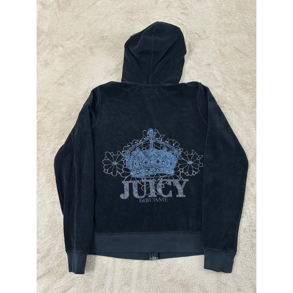 Vintage Y2K Juicy Couture Womens Size XL black Velour Zip-up Hoodies EUC
